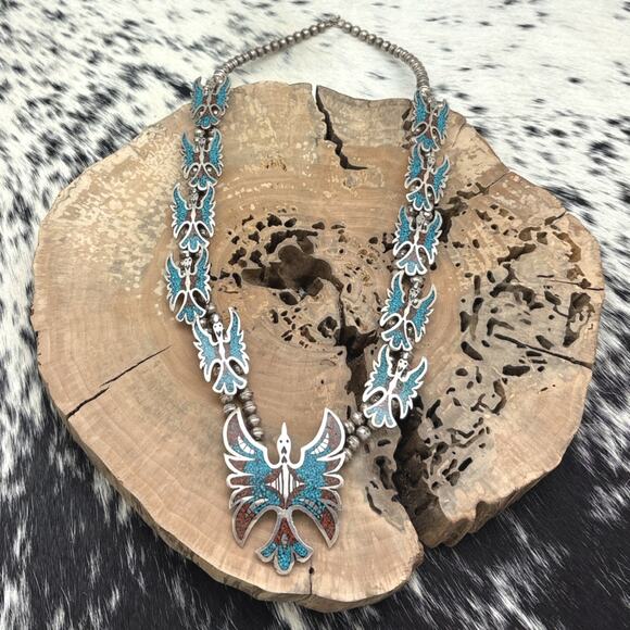 1970s NAVAJO Sterling Silver Turquoise & Coral Chip Inlay Peyote Bird Necklace - Picture 1 of 8
